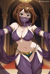 1girl ai_generated belly_dancer belly_dancer_outfit belly_dancing big_breasts boku_no_hero_academia brown_eyes brown_hair dancer dancer_girl dancer_outfit dancing empty_eyes enslaved harem_outfit hip_sway indoors looking_at_viewer medium_hair mouth_veil my_hero_academia no_pupils ochako_uraraka omega_weirdo patreon slave slave_girl smile smiling_at_viewer solo solo_female solo_focus uraraka_ochako