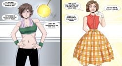 before_and_after brown_eyes brown_hair collarbone dialogue female_only femsub gloves hand_on_hip happy_trance housewife instant_loss instant_loss_2koma leggings lipstick makeup midriff navel original pants pendulum pocket_watch polmanning pov pov_dom short_hair simple_background skirt smile solo speech_bubble sports_bra standing stepfordization sweat tank_top text tomboy towel wrist_band