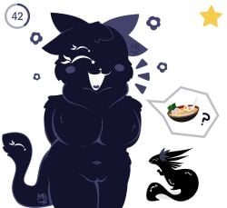 absurd_res anthro black_body black_fur blush female fluffy fur genitals hands_behind_back happy hi_res hybrid lagomorph lazy leporid mammal merry_(voidpet) multi_ear muuzikb0xx navel nude rabbit shaded simple_background simple_coloring simple_shading smile solo voidpet vulva