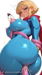 1girl ai_generated arms_behind_back artist_name ass blonde_hair blue_bodysuit blue_eyes blush bodysuit breasts cape covered_nipples cum dc dc_comics explicit impossible_clothes kara_zor-el karen_starr lactation large_breasts lips looking_at_viewer looking_back parted_lips patreon power_girl red_cape red_scarf restrained scarf senpai_pixels short_hair simple_background skin_tight solo supergirl superhero superman_(series) tentacles torn_clothes twisted_torso vaginal white_background