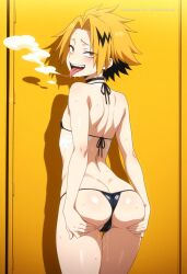 1boy ai_assisted ai_generated anime_coloring anime_screencap aroused black_choker black_hair black_lipstick blonde_hair butt_crack cameltoe choker cowboy_shot crazy_smile denki_kaminari drooling exhausted from_behind gluteal_fold heavy_breathing horny legs_together lewd looking_at_viewer male_focus micro_bikini multicolored_hair oiled_body open_mouth petite purple_eyes pussy_juice_leaking red_cheeks seductive_expression short_hair spiked_hair streaked_hair sweaty tight_clothing tongue_out two_tone_hair yellow_eyes