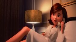 1girl 3d ai_created ai_generated animated auburn_hair bathrobe bed bedroom boobs disney female_only gif helen_parr laying_on_bed nipples phone pixar skinny solo_female talking_on_phone the_incredibles_2 undressing