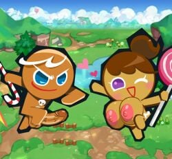 1boy 1girls big_breasts big_penis cookie_run cookie_run_crumble gingerbrave gingerbright one_eye_closed smile tagme