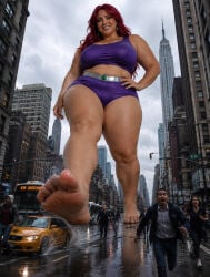 ai_generated barefoot city_background giantess green_eyes larger_female older_female orange_skin red_hair starfire walking