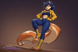 1girl ai_assisted ai_generated barefeet belt big_feet black_pants blue_crop_top blue_hair brown_eyes dark_skin dirty_feet fox_tail from_below full_body furry_female gloves hands_on_hips knee_boots lipstick long_sleeves long_toes looking_at_viewer mole_under_eye navel pants presenting_foot sly_cooper sole_focus standing standing_on_one_leg stinky_feet sweaty_feet twintails yellow_jacket