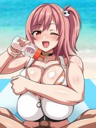 2d 2d_(artwork) 2d_artwork big_breasts blush boobjob boobs bra breast_grab breast_squeeze breasts breasts_squeezed_together cleavage clothed clothed_paizuri dead_or_alive dead_or_alive_6 gigantic_breasts honoka_(doa) huge_breasts large_breasts lotion lotion_bottle lube lube_bottle lube_on_breasts lubricant male_pov massive_breasts paizuri pink_hair red_eyes tawashi1623 titjob tits wink winking_at_viewer