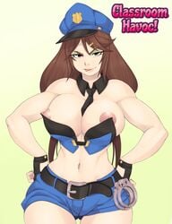 1girls bare_shoulders bedroom_eyes big_breasts breasts brown_hair exposed_breasts exposed_nipples hairclip handcuffs hands_on_hips jeni_(umichan) long_hair looking_at_viewer midriff necktie necktie_between_breasts nipple_slip nipples police police_hat police_uniform policewoman revealing_clothes short_shorts solo solo_female solo_focus spiralvortexplay teasing toned toned_female ttrop tubetop umichan umichan_maiko_classroom_havoc_(umch) vortex00