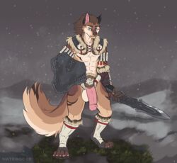 alec_m_ivers anthro armor balls big_balls big_penis bone bottomwear brown_body brown_fur canid canine canis capcom clothing flaccid fur genitals huge_cock loincloth male male_only mammal melee_weapon monster_hunter natebooze penis shield solo sword video_games weapon wolf