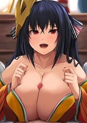 1boy azur_lane bare_shoulders black_hair breasts censored commander_(azur_lane) female hair_between_eyes highres huge_breasts japanese_clothes kimono long_hair looking_at_viewer mask mask_on_head mosaic_censoring off-shoulder_kimono paizuri paizuri_under_clothes penis red_eyes red_kimono taihou_(azur_lane) white_legwear zurimikan