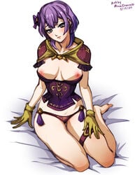 1girls artist_name bare_arms bare_legs barefoot bernadetta_von_varley breasts breasts_out dated fire_emblem fire_emblem:_three_houses gloves grey_eyes head_tilt kneeling light_blush lips looking_at_viewer medium_breasts medium_hair minacream nintendo nipples on_bed panties post-timeskip purple_hair solo violet_panties