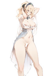 areola_slip areolae armpits arms_behind_head arms_up bangs bare_shoulders blonde_hair blush bottomless bow breasts censored cleavage detached_collar female genshin_impact hairbow jean_gunnhildr kinhasu large_breasts long_hair looking_at_viewer navel navel_piercing piercing ponytail sidelocks