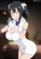 1girls absurd_res big_breasts black_hair clothed cute dungeon_ni_deai_wo_motomeru_no_wa_machigatteiru_darou_ka female hestia_(danmachi) long_hair ok_sign space-panda tight_clothing wink