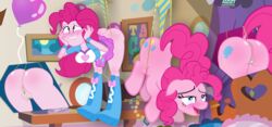 absurd_res anthro anus ass balloon balloonbutt bed blue_eyes blush boots bottomwear bubble_butt butt_crack cameltoe close-up clothed clothing curled_hair cutie_mark detailed_background duo equestria_girls equid equine female feral footwear friendship_is_magic fur furniture genitals hair hand_on_face hanging_wedgie hi_res horse looking_up mammal my_little_pony open_mouth panties partially_visible_vulva pillow pink_body pink_fur pink_hair pink_tail pinkie_pie_(eg) pinkie_pie_(mlp) pony pulling_panties shirt skirt table topwear underwear upskirt uzzi-ponydubberx wedgie