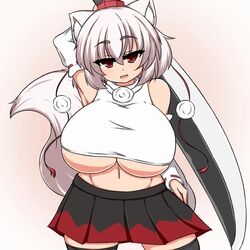 1girls big_breasts breasts bursting_breasts huge_breasts large_breasts momiji_inubashiri moyashi_udon shirt short_hair skirt solo solo_female solo_focus sword thighhighs touhou underboob weapon white_hair white_shirt wolf_ears wolf_tail