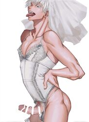 1boy bare_shoulders bride censor_bar censored censored_penis garter_straps jujutsu_kaisen lingerie male male_focus male_in_lingerie male_only penis satoru_gojo solo_focus solo_male tongue tongue_out wedding_attire wedding_lingerie wedding_veil white_hair