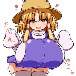 1girls big_breasts blonde_hair breasts fully_clothed heart huge_breasts large_breasts moyashi_udon short_hair solo solo_focus suwako_moriya thick_thighs thighhighs touhou