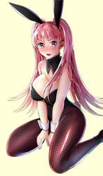 1girls bangs bare_arms blush bunny_ears bunny_girl bunnysuit embarrassed fire_emblem fire_emblem:_three_houses fishnet_stockings fishnets hilda_valentine_goneril kneeling large_breasts long_hair looking_at_viewer nintendo pink_eyes pink_hair simple_background solo sweatdrop tara_(szzj7733) twintails