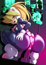 ahe_gao ass ass_focus big_ass blonde_hair bodysuit bubble_butt ciel_(mega_man) corruption crouching dildo headgear latex mega_man mega_man_zero mind_break mind_control nipple_bulge round_ass semikichi sex_toy sideboob squatting squatting_on_penis swimsuit thong_bikini tongue_out