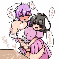 1futa 1girls ahe_gao animal_ears big_breasts black_hair blush breasts bunny_ears clothed clothing cum cum_on_table duo ejaculation female futa_on_female futa_with_female futanari groping groping_breasts groping_from_behind handjob huge_breasts humanoid humanoid_penis japanese_text kemonomimi large_breasts long_hair mostly_clothed moyashi_udon orgasm pale_skin penis purple_hair red_eyes reisen_udongein_inaba short_hair speech_bubble tewi_inaba tongue tongue_out touhou