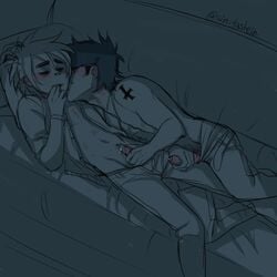 2boys 2d 2d_(gorillaz) gay gorillaz handjob male male/male male_only murdoc_niccals mutual_masturbation upside_down_cross yaoi