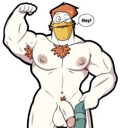 1boy abs albertcrow anatid anseriform anthro armpit_hair avian balls beak bird black_outline body_hair cowboy_shot disney duck ducktales ducktales_(2017) erect_nipples flaccid genitals hanging_balls hi_res humanoid_genitalia humanoid_penis launchpad_mcquack looking_at_viewer male male_only manly muscular muscular_anthro muscular_male nipples nude one_eye_closed orange_hair pecs penis pose simple_background solo solo_male speech_balloon white_background white_balls white_body