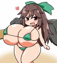 1girls areola_slip areolae arm_cannon big_breasts breasts brown_eyes brown_hair green_bikini hair_ribbon heart huge_breasts large_breasts long_hair micro_bikini moyashi_udon solo solo_female thick_thighs touhou utsuho_reiuji wings