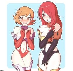 2girls armor atlus battle_panties bikini_armor blue_background blush breasts embarrassed female female_only high-cut_armor jeffmiga large_breasts mitsuru_kirijo mitsuru_kirijo_(sexy_armor) persona persona_3 standing thighs white_border yukari_takeba