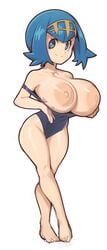 alternate_breast_size areolae barefoot big_breasts blue_eyes blue_hair breasts breasts_out feet lana_(pokemon) mob_face mystical nintendo nipples plantpenetrator pokemon pokemon_sm presenting_breasts shortstack smile swimsuit swimwear toes trial_captain