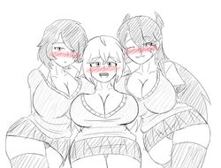 3girls bare_thighs big_breasts blush cleavage female_only huge_breasts large_breasts looking_at_viewer miniskirt original original_character pantyshot petelewddigger senti_(petelewddigger) short_skirt sketch skirt smile thighhighs upskirt