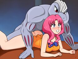 1boy 1girls aldharoku anal anal_penetration anal_sex ass blue_eyes blush bottomless clenched_teeth clothed_female_nude_male clothed_sex female from_behind interspecies lily_(pokemon) long_hair machoke male muscular_male no_panties pink_hair pokemon pokemon_(species) pokephilia prone_bone red_eyes sex straight