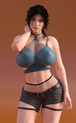 3d 3d_(artwork) alone belt big_breasts breasts brown_hair clothing daughter daz3d dazstudio female female_only female_solo human lara_croft lara_croft_(survivor) large_breasts metal_01 midriff no_eyewear short_shorts shorts solo solo_female tattoo tomb_raider