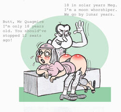 ass ass_up big_ass blush bottomless brown_hair bubble_butt family_guy female glasses glenn_quagmire looking_back meg_griffin nipple_bulge pants_down pants_pull red_ass spank_marks spanked spanking thong