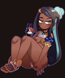 1girls black_and_blue_hair black_hair blue_and_black_hair blue_eyes cherrypix dark-skinned_female dark_skin ear_piercing ear_piercings earrings female female_focus female_only glove gloves gym_leader hair_bun hair_clips light_blue_eyes long_hair nessa_(pokemon) nintendo pokemon pokemon_(anime) pokemon_(game) pokemon_ss pokemon_trainer solo solo_female solo_focus tagme