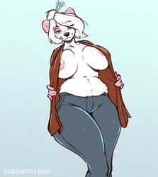 anthro big_breasts blue_eyes breasts claws clothed clothing faizenek female fur giant_panda hair hi_res mammal multicolored_body multicolored_fur nicole_(0zero100) nipples partially_clothed pink_body pink_fur smile solo the_dogsmith two_tone_body two_tone_fur ursid white_body white_fur white_hair