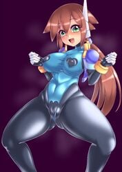 1girls aile big_breasts bodysuit breasts brown_hair cameltoe erect_nipples female female_only green_eyes happy latex_suit long_hair mega_man mega_man_zx mega_man_zx_advent pasties pussy semikichi smiling solo_female steam steaming_body