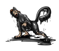 2012 black_body brown_hair cheetah erection felid feline genitals goo_transformation hair human male mammal penis redflare500 rubber simple_background solo spots spotted_body transformation white_background