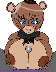 1boy 1girls animatronic blue_eyes bow cum five_nights_at_freddy's five_nights_in_anime freddy_(fnaf) freddy_(fnia) hat paizuri rule_63 shinagawasama straight tagme watermark white_background