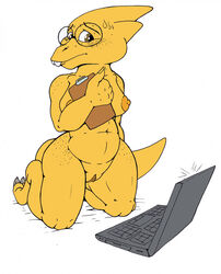 1girls 2d alphys anthro anthro_female areola belly bleeding_dragon blush bodily_fluids breasts brown_eyes buckteeth chubby_anthro chubby_female claws clipboard clitoris computer eyewear female female_only freckles genitals glasses hi_res humanoid kneeling laptop lizard lizard_girl lizard_humanoid looking_at_screen navel nervous nipples non-mammal_breasts non-mammal_nipples nude pornography pussy reptile reptile_humanoid scales scalie simple_background slightly_chubby solo sweat teeth thick_tail thick_thighs undertale undertale_(series) video_games wide_hips yellow_body yellow_scales