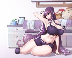 bedroom breasts cleavage large_breasts long_hair navel partially_clothed purple_eyes purple_hair thick_thighs very_long_hair yabby