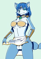 2019 accessory anthro black_nose blue_body blue_fur blue_hair bottomwear breasts bulge canid canine countershading erection erection_under_clothing fox fur furry futanari genital_outline genitals green_eyes hair_accessory headband jewelry krystal loincloth mammal necklace nintendo penis_outline shio_inu shoulder_pads simple_background smile solo star_fox testicles white_countershading