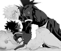 2boys anal anal_penetration anal_sex arched_back ass ass_up bare_ass bare_thighs blush bodily_fluids bottomless bulge clothing cum cum_while_penetrated ejaculating_cum ejaculation femboy fucked_silly gay genital_fluids goodbye_glory greyscale hero_outfit_(mha) izuku_midoriya katsuki_bakugou male male/male male_only male_penetrated male_penetrating micropenis monochrome my_hero_academia pants_down pubes pubic_hair small_penis stomach_bulge sweat thrusting_into_ass yaoi