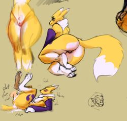 artblush ass bent_over bodily_fluids breasts canid canine cum cum_in_pussy cum_inside cum_leaking digimon digimon_(species) female fox fur genital_fluids hi_res lying mammal muscular on_back presenting presenting_hindquarters renamon thick_thighs wide_hips yellow_body yellow_fur