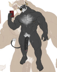 2021 anthro balls bara beard big_penis black_body black_fur black_penis body_hair bovid bovine cattle chest_hair facial_hair facial_piercing flaccid fur genitals hi_res horn huge_cock large_penis long_penis male male_only mammal mr_chocolate_eclaire nesskain nipple_piercing nipples nose_piercing nose_ring penis penis_to_the_knees phone piercing pubes solo standing white_body white_fur