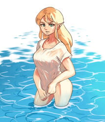 blonde_hair demigoddess female hylian looking_at_viewer pointy_ears princess_zelda solo t-shirt the_legend_of_zelda tinafate1 wet_shirt zelda_(breath_of_the_wild)