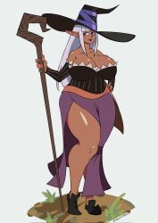 big_breasts big_thighs blue_eyes breasts cosplay crocodraws dark-skinned_female dark_skin dragon's_crown gloves lipstick long_hair nerezia_vas_luna oc original original_character pointy_ears purple_lipstick smile smiling solo solo_female sorceress_(dragon's_crown) staff thighs white_hair