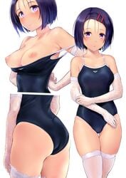 1girls arms_behind_back ass ass_visible_through_thighs bare_shoulders black_swimsuit blush breasts elbow_gloves female gloves hair_ornament hairclip highres looking_at_viewer medium_breasts multiple_views navel nipples one-piece_swimsuit parted_lips purple_eyes purple_hair sairenji_haruna shiny shiny_hair short_hair simple_background standing swimsuit thigh_gap thighhighs thighs to_love-ru wa_(genryusui) white_gloves white_legwear