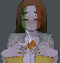 1girls big_breasts breasts brown_hair cleavage countryhumans countryhumans_girl cum cum_on_breasts dafriix ejaculation_between_breasts expressionless female germany_(countryhumans) italian_flag italy_(countryhumans) open_shirt outercourse paizuri titfuck white_body white_shirt yellow_eyes yellow_hands