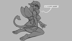 anthro avian big_breasts breasts clothing eyewear female glasses gryphon human_to_anthro looking_at_viewer looking_back monochrome mythological_avian mythology nipples solo species_transformation speech_bubble torn_clothing transformation watsup wings