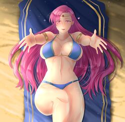 1girls alternate_breast_size beach big_breasts bikini breasts brunnya_(fire_emblem) cleavage dedenee_(artist) female fire_emblem fire_emblem:_the_binding_blade fire_emblem_heroes heart huge_breasts inviting jewelry large_breasts lipstick long_hair looking_at_viewer milf navel nintendo pink_eyes pink_hair reaching_out rinku_bny sand solo sparkles swimsuit watermark wide_hips