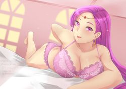 1girls bed big_breasts big_butt bra brunnya_(fire_emblem) cleavage dedenee_(artist) earrings female fire_emblem fire_emblem:_the_binding_blade inviting jewelry large_breasts lingerie lipstick looking_at_viewer nintendo pink_eyes pink_hair rinku_bny solo solo_female the_pose